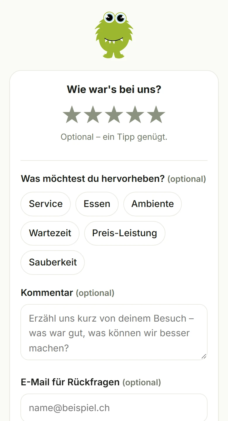 Beispiel der Gästeansicht auf dem Smartphone: Sternewertung, Kategorien zum Auswählen und ein Kommentarfeld.