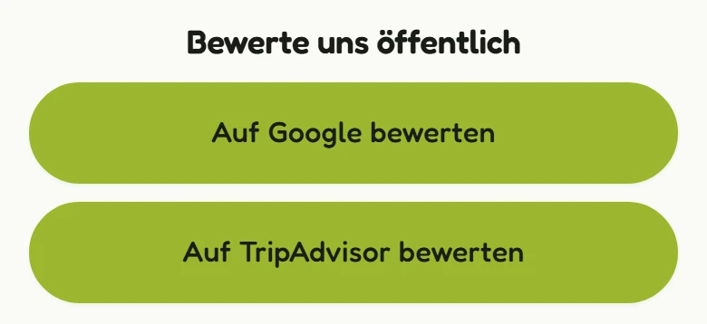 Ausschnitt derselben Ansicht: Zwei gleich gestaltete Buttons «Auf Google bewerten» und «Auf TripAdvisor bewerten».